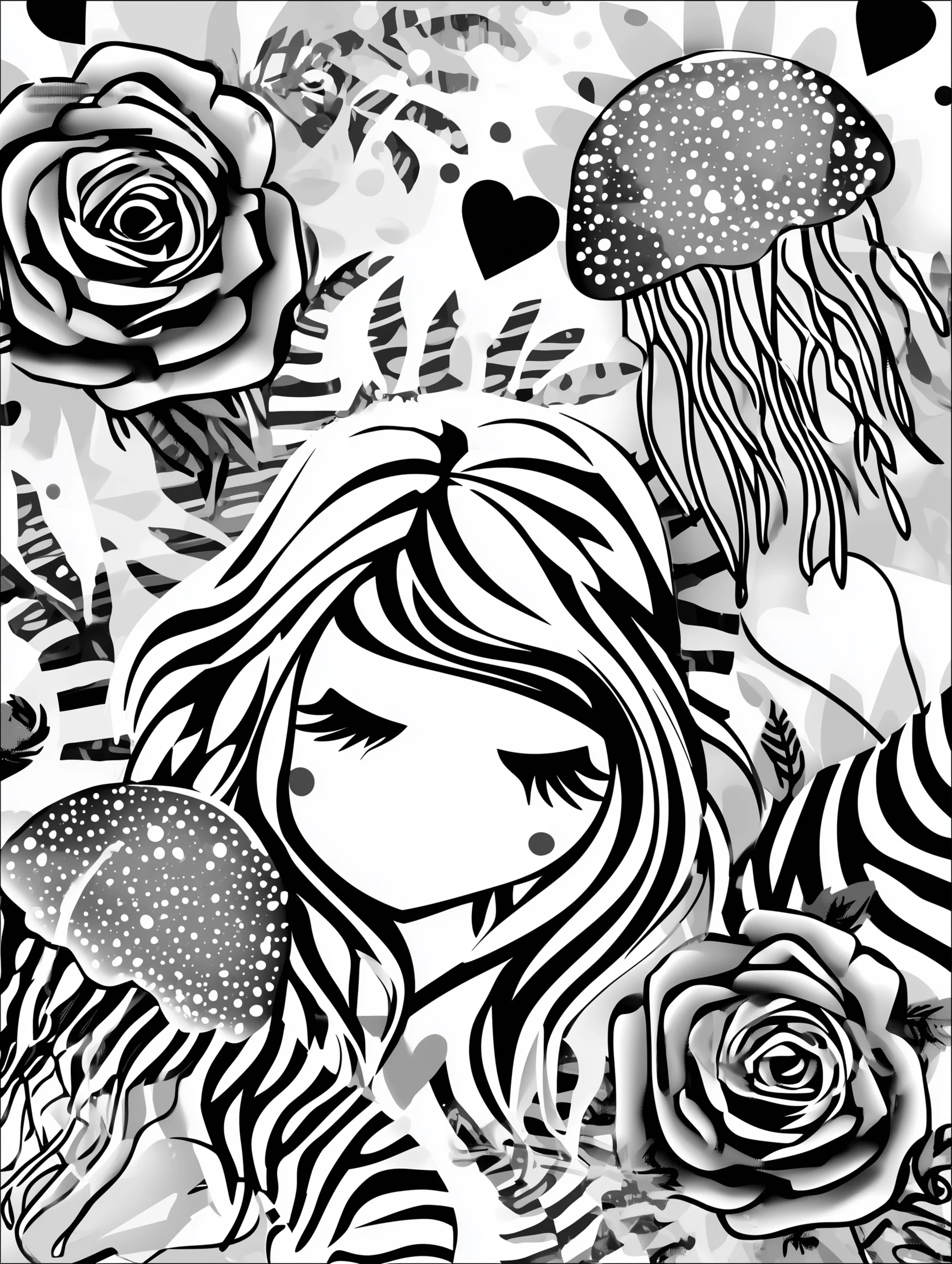 Free printable jellyfish coloring page for adults featuring jellyfish and a mermaid figure